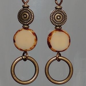 Boho Bronze Small Hoop & Cream Glass Earrings